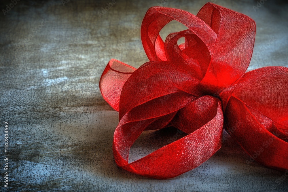 Poster a close up shot of a bright red ribbon lying flat on a table
