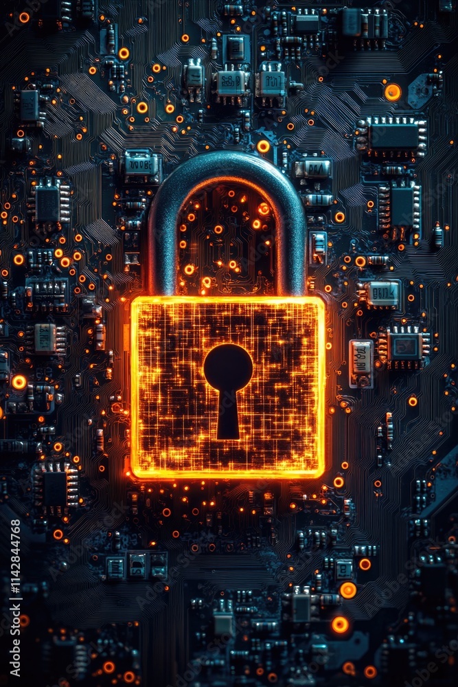 Poster a small glowing padlock sits atop a modern circuit board, ready to secure digital secrets