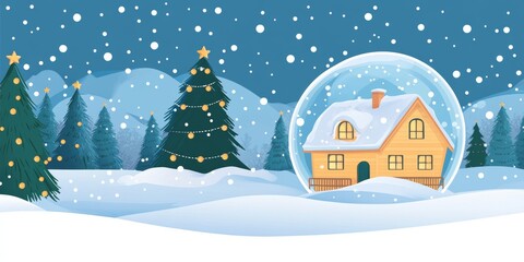 Fototapeta premium Christmas and New Year Banner: Shimmering Crystal Snow Globe with Festive House and Fir Tree in a Winter Wonderland