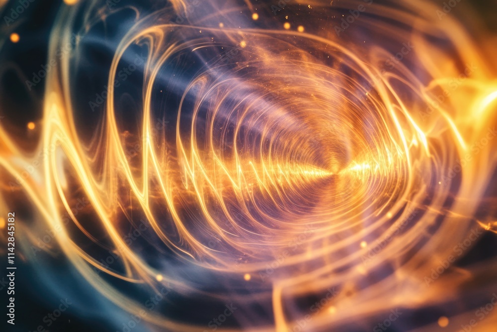 Poster An abstract representation of a spiral shape made up of glowing light, suitable for use in futuristic or technological contexts