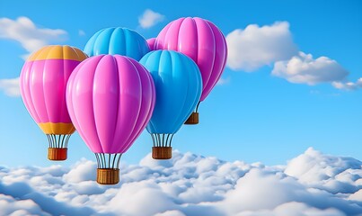 Fototapeta premium Colorful hot air balloons floating above fluffy white clouds