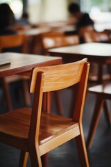 A wooden table with a laptop sitting on top, great for office or home use