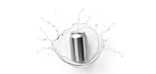 Blank aluminum drink surrounded by splash of water. Refreshing beverage mockup. Isolated product on white background. Ideal for advertising design product presentation. Template for beverage
