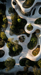 Fototapeta premium Aerial view of an organic landscape design with pathways and greenery.