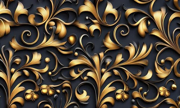 A detailed look at an elegant floral pattern featuring gold leaf on a contrasting dark surface, highlighting exquisite artistry and design