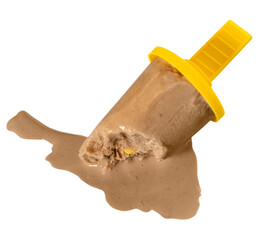 Melted homemade chocolate popsicle with yellow handle, isolated on transparent background.
