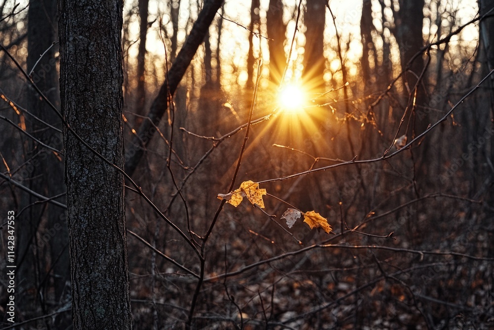 Poster A serene scene with sunlight streaming through a dense forest, highlighting the intricate patterns of tree branches and leaves