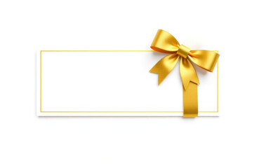 Elegant golden bow on blank white voucher. Luxury gift concept. Minimalist design. Perfect for various occasions like birthday, holiday, anniversary. High quality illustration. Versatile template for