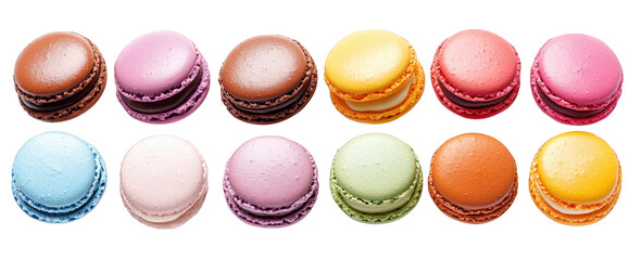 Obraz premium a row of twelve colorful macarons with different flavors. beautifully arranged on a transparent background