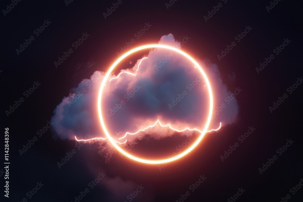 Poster a cloudy sky with a circle of lightning at its center, suitable for weather or storm-related themes