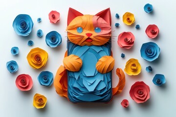 Fototapeta premium A creative paper craft featuring a feline figure surrounded by delicate paper blooms