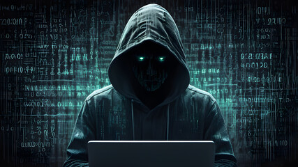 Hacker in data security concept. Silhouette of a hacker on  binary codes on background.