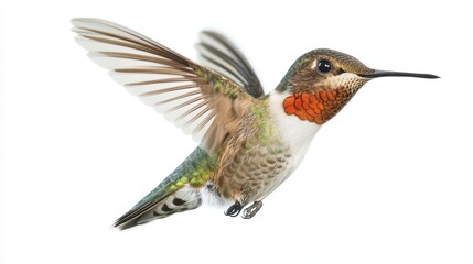Fototapeta premium glorious hummingbird in mid-flight on a pristine white backdrop, wings caught in a blur of motion, capturing its grace and vibrant iridescent colors with stunning detail