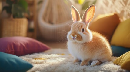 Obraz premium Fluffy bunny sitting on rug with colorful cushions in golden hour light