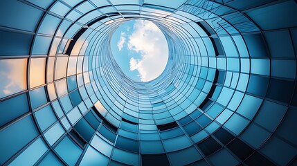 Abstract view of a modern building's circular glass facade with a sky view.