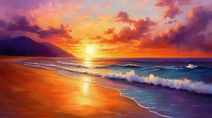 a breathtaking beach scene at sunset, painted in rich hues of orange, pink, and purple, capturing the serenity and beauty of nature's twilight