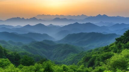 Naklejka premium Serene Sunset Over Rolling Green Mountains