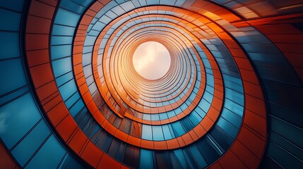 Naklejka premium Abstract spiral building with orange and blue glass facade, sunlight at the center.