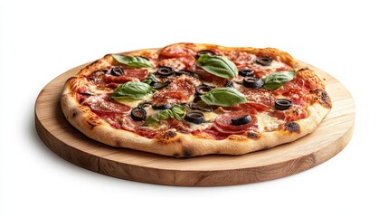a delicious pizza presented on a rustic wooden plate, artfully styled, stands out against a crisp white background, emphasizing its appetizing toppings