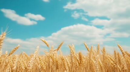 Fototapeta premium golden wheat field glowing under the warm morning sun, soft clouds drifting in the blue sky, creating a peaceful and inviting scene that celebrates the beauty of nature and agriculture