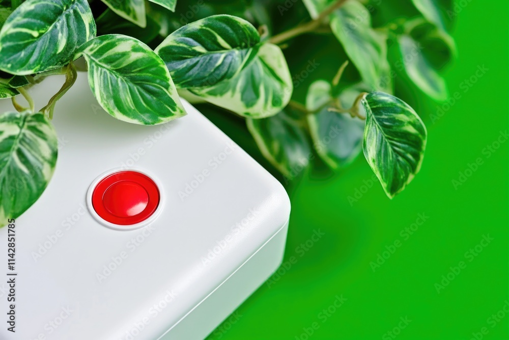 Poster A red button sits atop a white device, providing a pop of color and attention