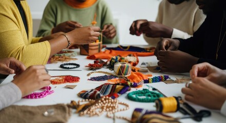 Diverse group making jewelry with colorful beads and threads