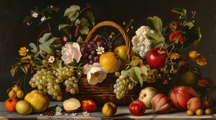 A still life with a basket of fresh spring fruits and vegetables.