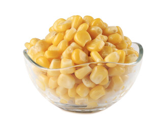 Glass cup with canned corn isolated on a white background.Canned corn kernels.
