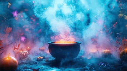 a halloween-themed scene featuring a bubbling magic cauldron surrounded by mystical elements, framed by swirling fog and ghostly apparitions, creating an enchanting atmosphere