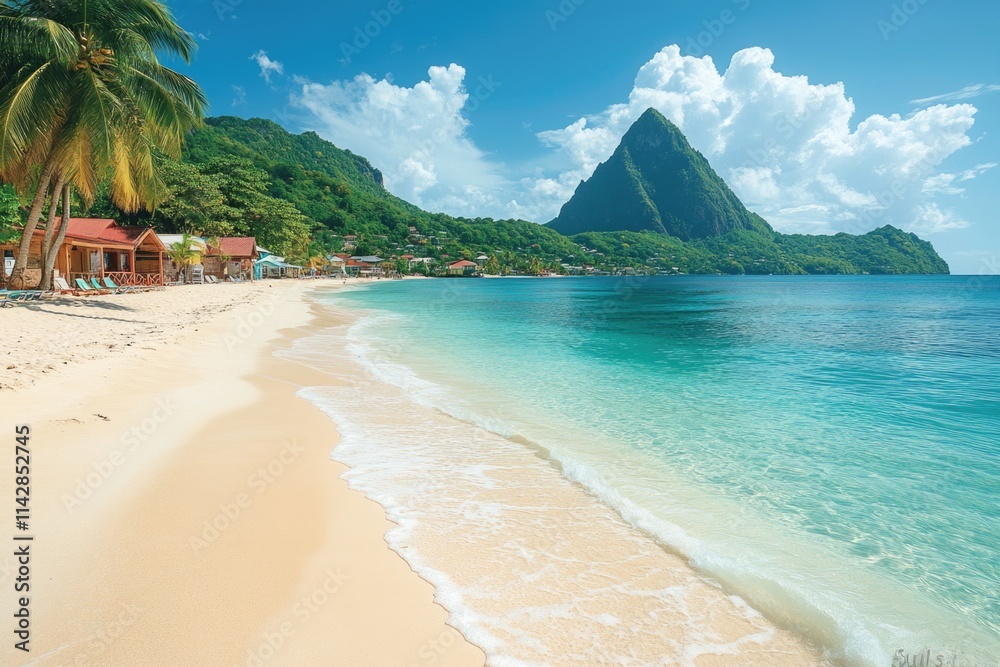 Poster a scenic view of a beach with a majestic mountain range in the background, suitable for use as a tra