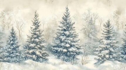 Obraz premium a nostalgic winter landscape, featuring snow-covered fir trees, captures the essence of a vintage christmas wallpaper, evoking warmth and tradition
