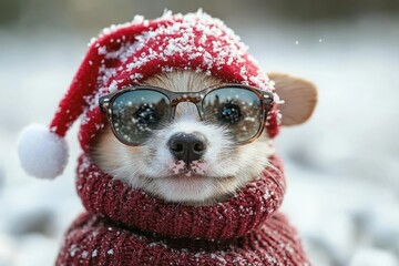 A small dog wearing sunglasses and a hat, perfect for outdoor or street photography