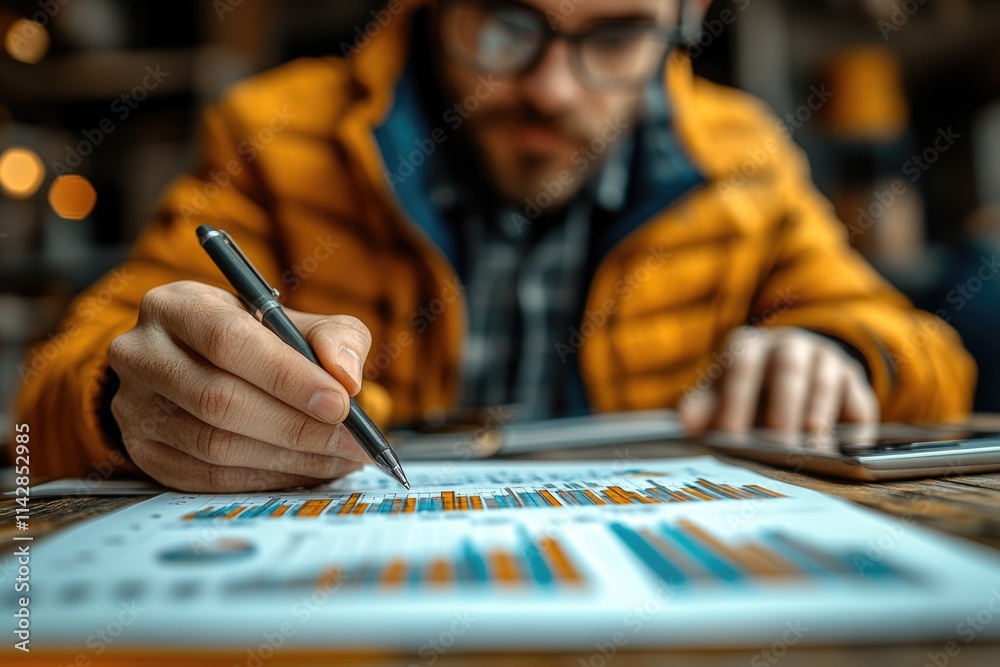 Poster a person sitting at a table taking notes with a pen and paper, ideal for education or work use