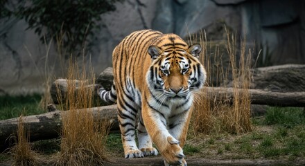 Fototapeta premium Majestic tiger walking on grass with logs in background