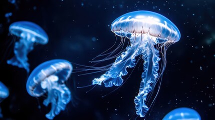 graceful jellyfish floating in the deep blue sea, their translucent bodies glowing softly, evoking a sense of wonder and beauty in the underwater world