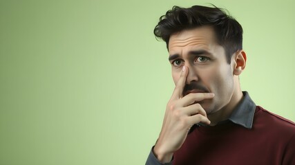 Suspicious Glance:  A man with a mustache, wearing a burgundy sweater, stares suspiciously at the camera with his finger pressed against his nose. This image is perfect for depicting distrust.