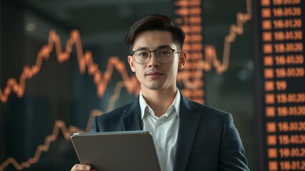 Confident Businessman: A portrait of a focused and determined young businessman holding a tablet, his gaze unwavering amidst a backdrop of soaring stock market charts. This image conveys ambition.