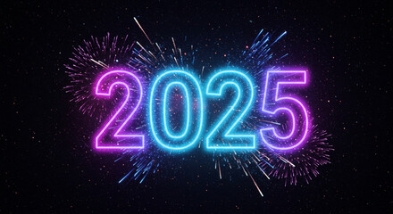 Dazzling 2025 in Neon Lights with Sparkling Trails and Fireworks