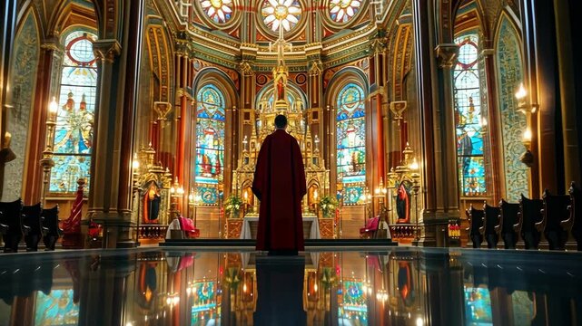 A solitary priest in a resplendent, ornate church, his red cloak echoing the rich stained glass windows' hue, stands in silent prayer, reflecting solemnity.
