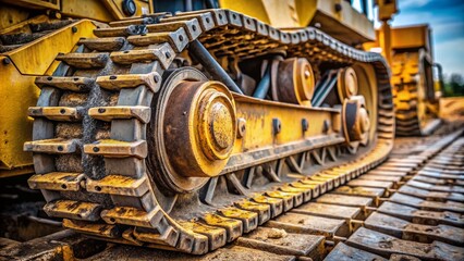 Fototapeta premium Powerful Bulldozer Tread Close-Up: Heavy Equipment Machinery Detail Shot