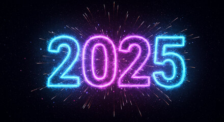 Dazzling 2025 in Neon Lights with Sparkling Trails and Fireworks