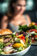 A woman sits at a table with two plates of food, enjoying her meal
