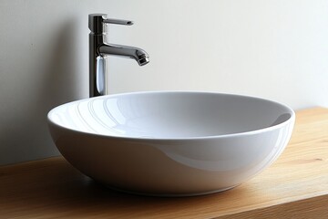 A simple kitchen setup with a white bowl and sink on a wooden countertop