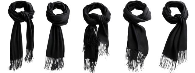 five black scarves with fringe on a transparent background each scarf is tied in a different knot