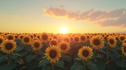 Fototapeta premium Endless sunflower field glowing vibrantly under the warm golden sunlight with a clear sky, creating a cheerful and lively atmosphere