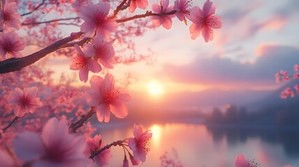 Beautiful cherry blossom branch with delicate pink flower framing a serene lake under a colorful sunrise