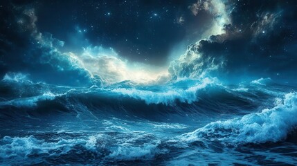 Fototapeta premium an alien planet dominated by a vast ocean, waves towering dramatically under a cosmic sky, creating an otherworldly landscape that evokes a sense of adventure and mystery