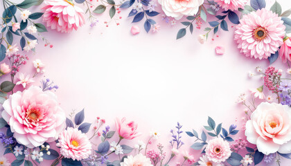Obraz premium Floral background featuring a vibrant arrangement of colorful flowers with a soft, blurred effect, creating a beautiful space for personalized text or messages in the center.