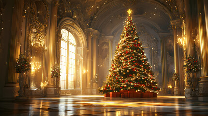 Majestic christmas tree adorned with sparkling ornaments stands resplendent in the grand hall of a lavish palace. Resplendent. Illustration