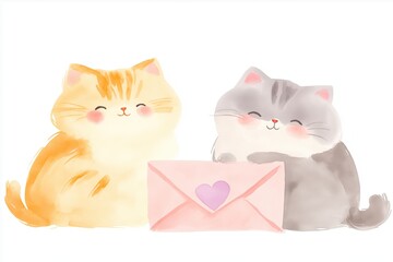Adorable Cats with Heart Card for Valentine's Day Watercolor Greeting Romantic Couple Love Generative AI